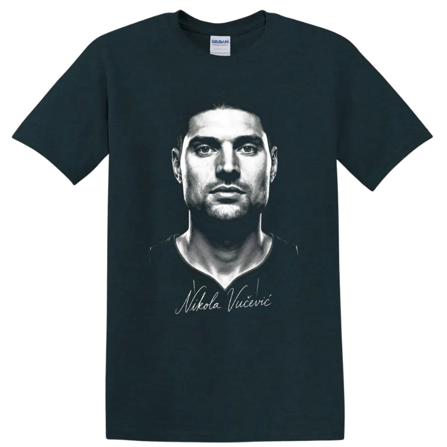 Nikola Vučević monochrome basketball portrait with cursive signature on a Midnight (Green) T Shirt