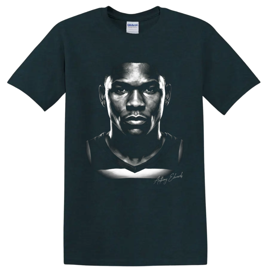 Monochrome Anthony Edwards Minnesota Timberwolves No. 5 portrait illustration on a Midnight (Green) T Shirt