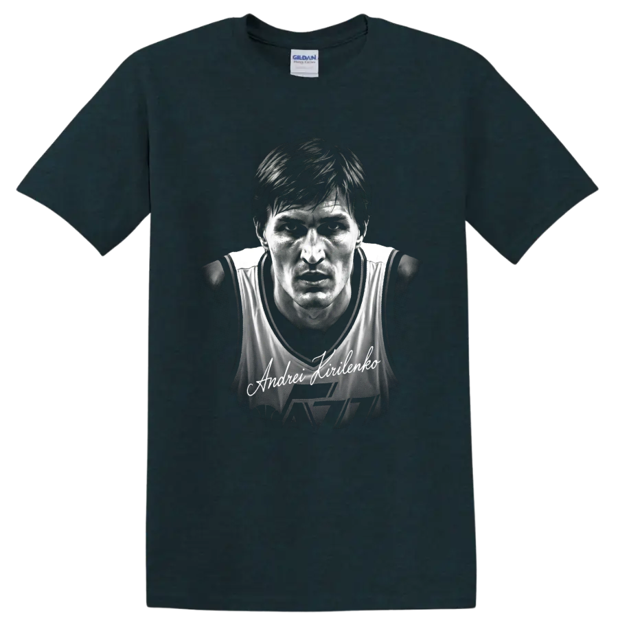Andrei Kirilenko Utah Jazz No. 47 monochrome basketball portrait with signature on a Midnight (Green) T Shirt