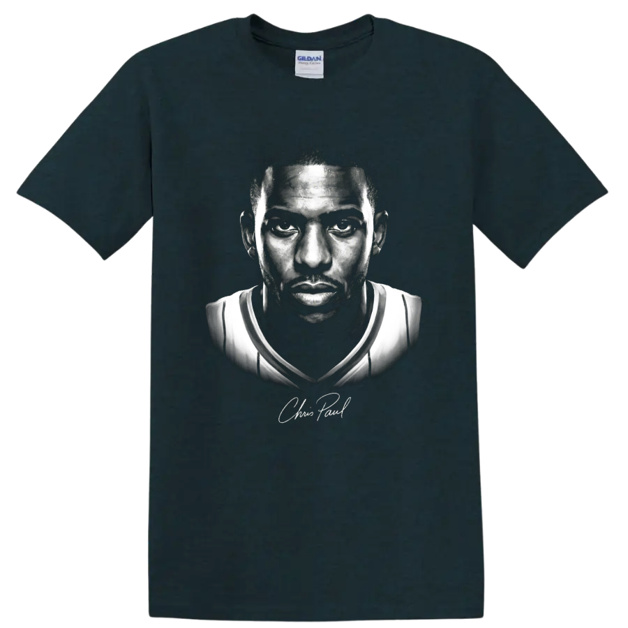 Chris Paul Los Angeles Clippers No. 3 black-and-white basketball portrait artwork on a Midnight (Green) T Shirt