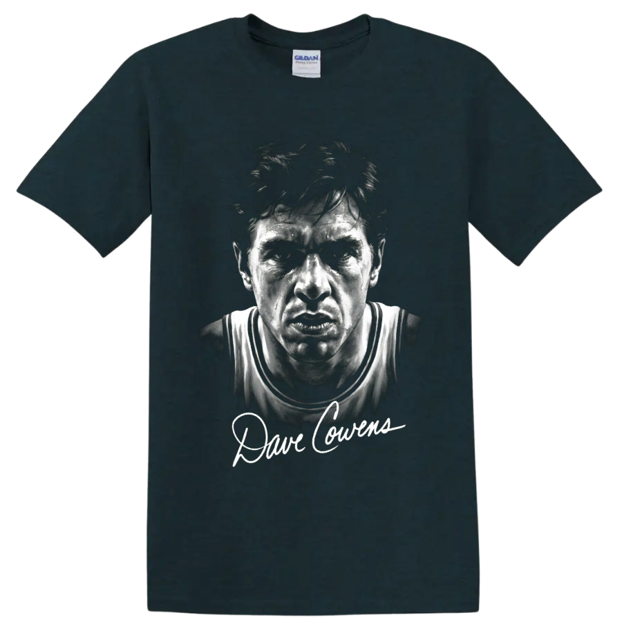Dave Cowens basketball portrait with signature-style lettering on a Midnight (Green) T Shirt