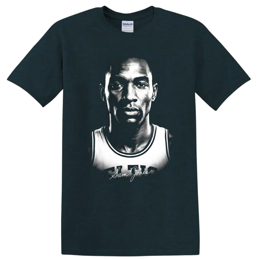 Black-and-white Sam Jones basketball portrait with Celtics jersey and signature on a Midnight (Green) T Shirt