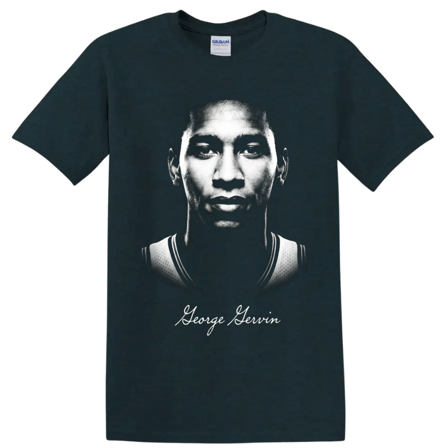 George Gervin monochrome basketball portrait with signature-style name text on a Midnight (Green) T Shirt