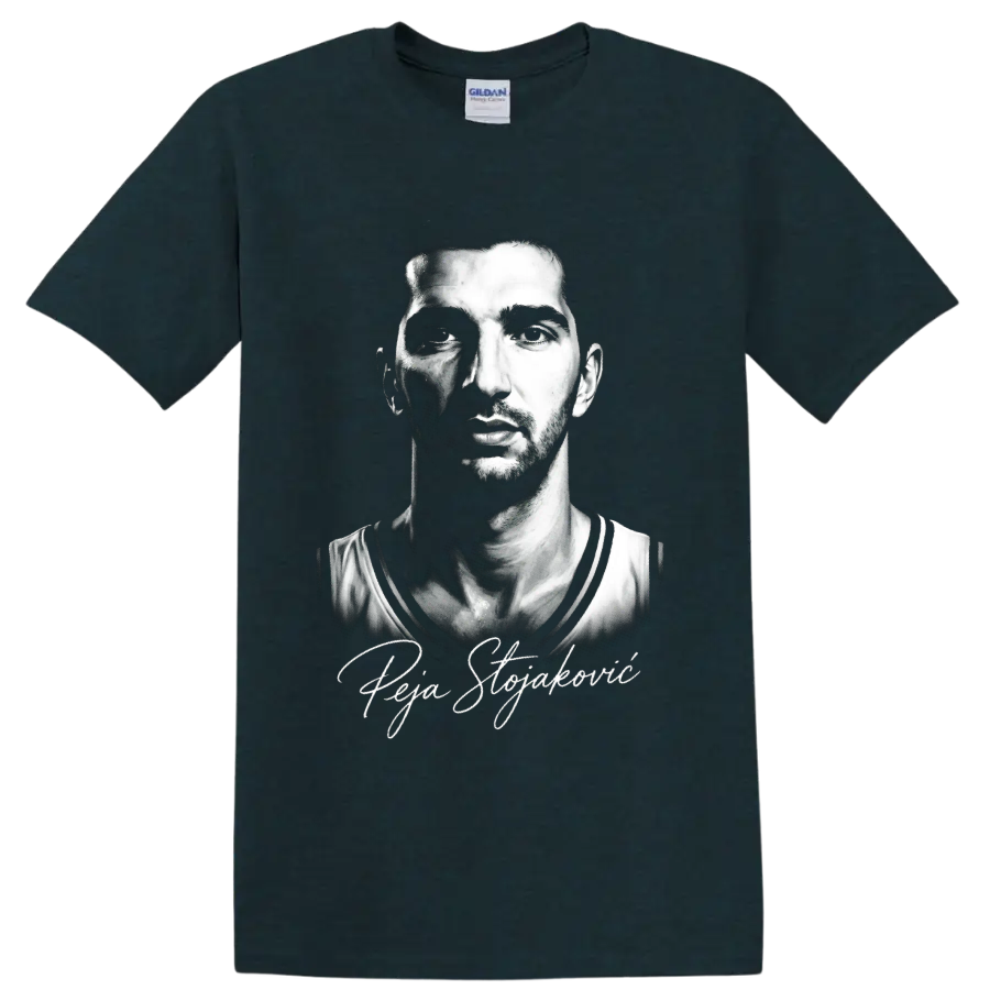 Peja Stojakovic black-and-white basketball portrait with signature-style script on a Midnight (Green) T Shirt