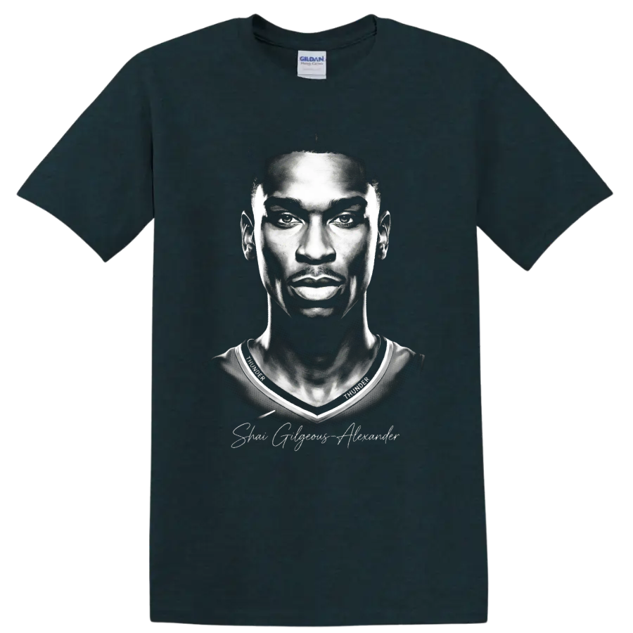 Shai Gilgeous-Alexander Oklahoma City Thunder No. 2 black-and-white portrait on a Midnight (Green) T Shirt