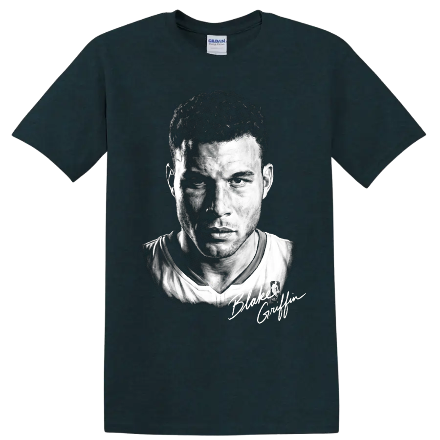 Blake Griffin Los Angeles Clippers No. 32 black-and-white basketball portrait on a Midnight (Green) T Shirt