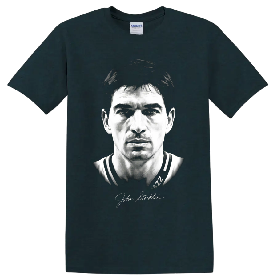 John Stockton Utah Jazz No. 12 monochrome basketball portrait with signature on a Midnight (Green) T Shirt