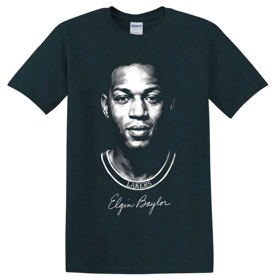 Elgin Baylor Lakers jersey portrait with signature in dramatic grayscale illustration on a Midnight (Green) T Shirt