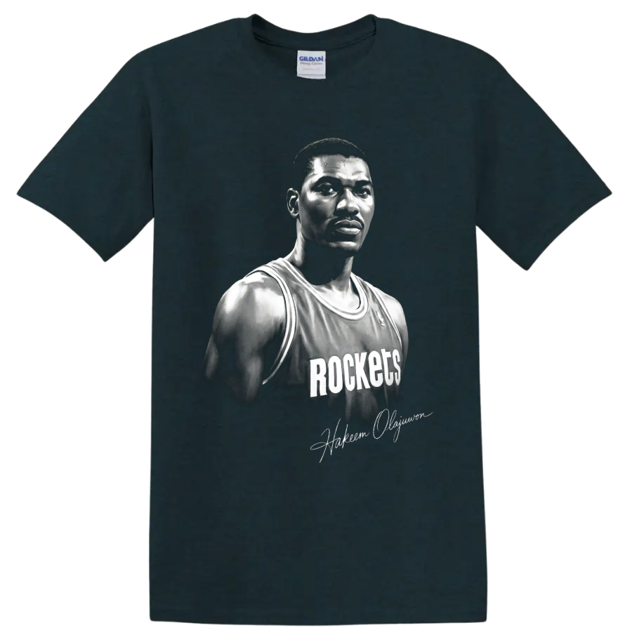 Black-and-white Hakeem Olajuwon Houston Rockets No. 34 basketball portrait on a Midnight (Green) T Shirt