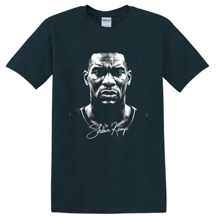 Shawn Kemp black-and-white basketball portrait with signature-style script on a Midnight (Green) T Shirt