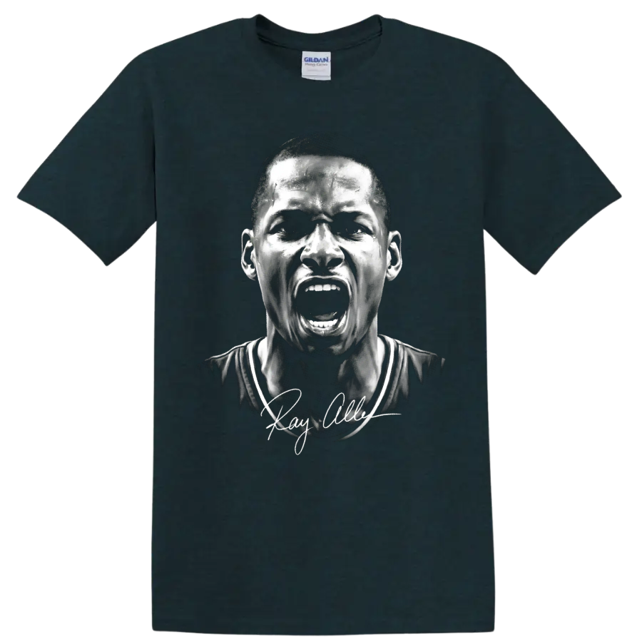 Monochrome Ray Allen shouting basketball portrait with signature-style detail on a Midnight (Green) T Shirt