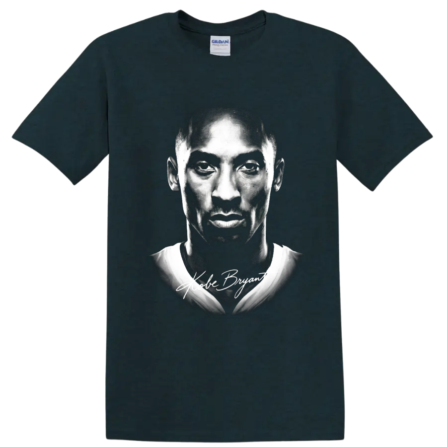 Black-and-white Kobe Bryant Lakers No. 24 portrait with signature-style lettering on a Midnight (Green) T Shirt