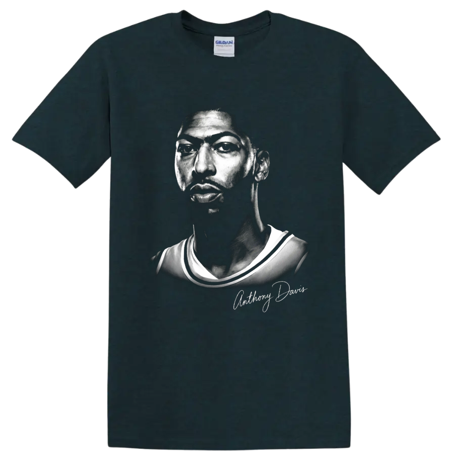 Anthony Davis monochrome basketball portrait with signature-style name script on a Midnight (Green) T Shirt