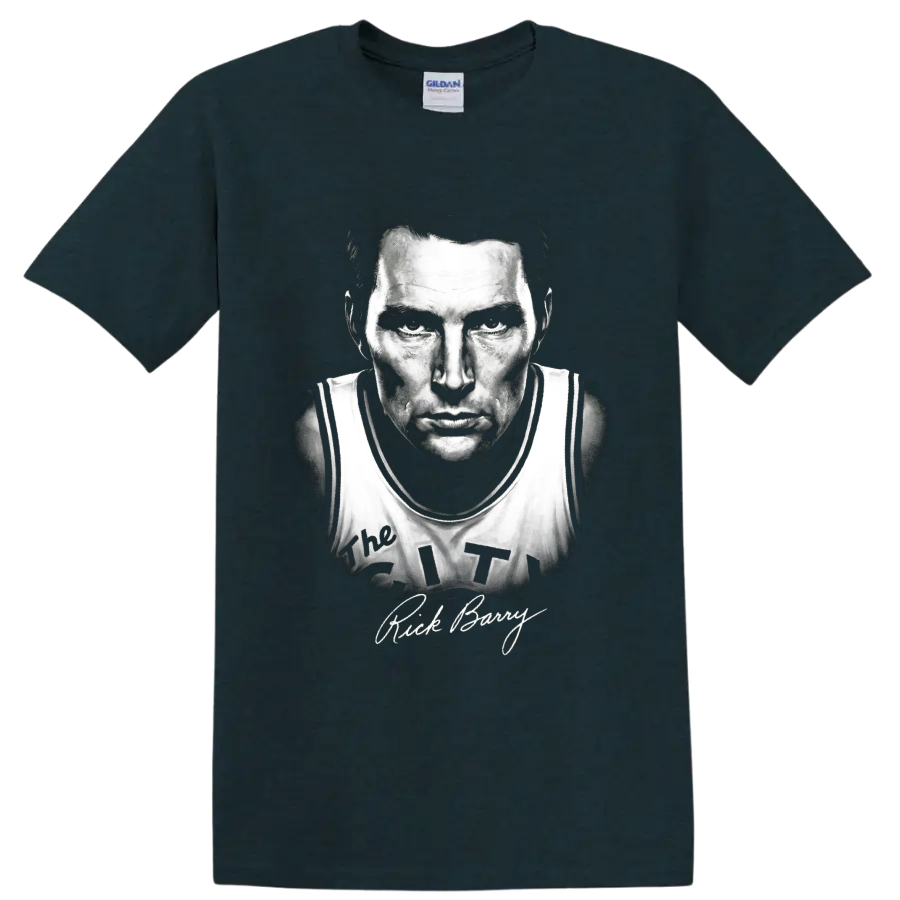 Rick Barry No. 24 basketball player monochrome portrait with signature-style text on a Midnight (Green) T Shirt