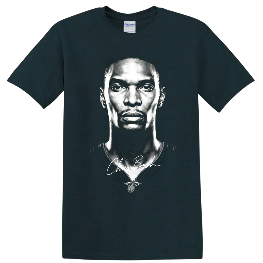 Chris Bosh black-and-white basketball portrait with signature-style script on a Midnight (Green) T Shirt