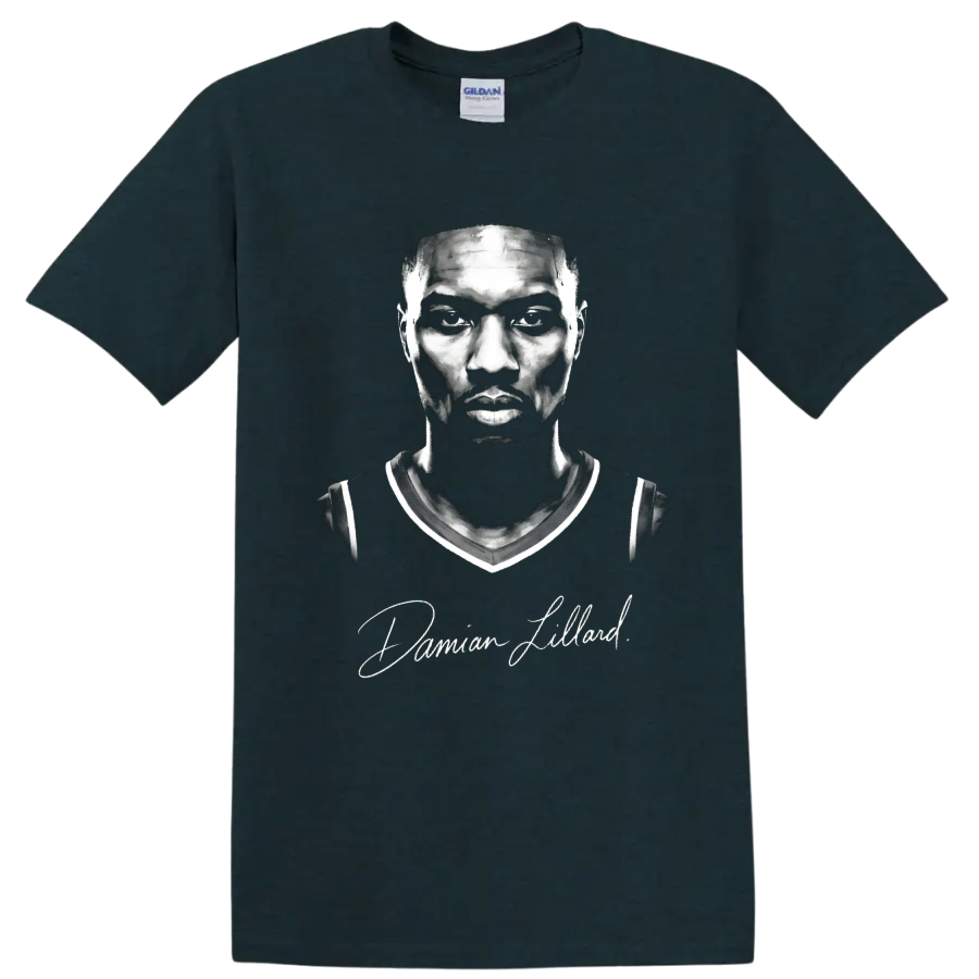 Damian Lillard monochrome basketball portrait with signature-style script on a Midnight (Green) T Shirt