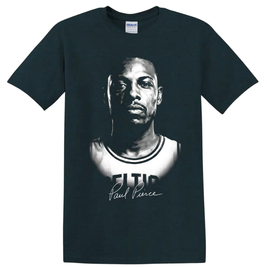 Black-and-white Paul Pierce Boston Celtics No. 34 portrait with signature-style script on a Midnight (Green) T Shirt
