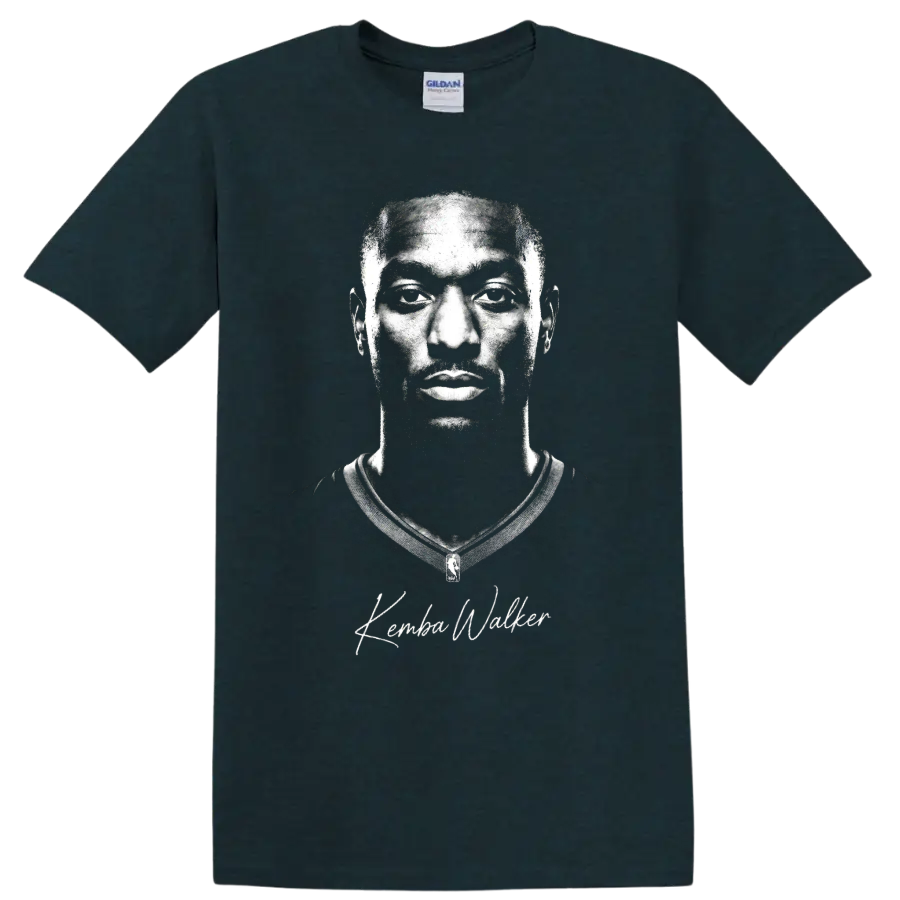 Monochrome Kemba Walker Charlotte Hornets No. 15 basketball portrait with signature on a Midnight (Green) T Shirt