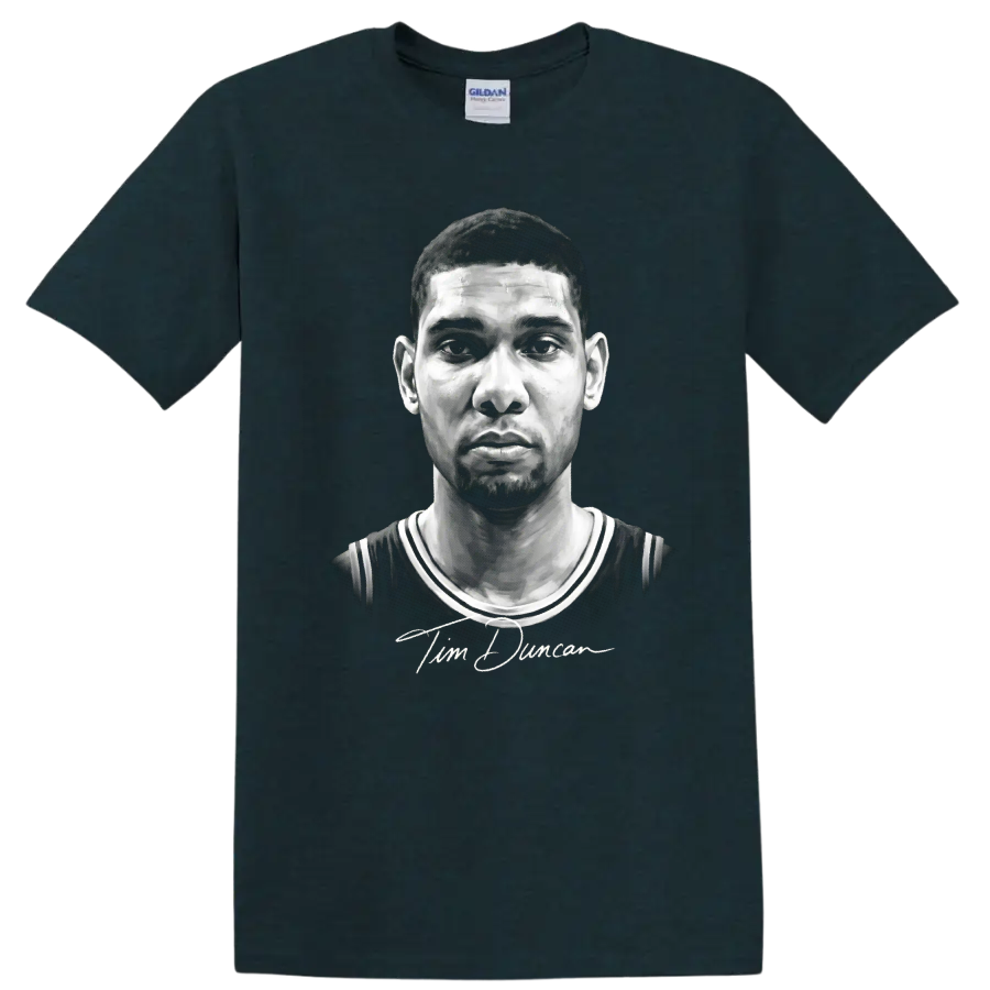 Grayscale Tim Duncan basketball portrait in No. 21 jersey with signature-style script on a Midnight (Green) T Shirt