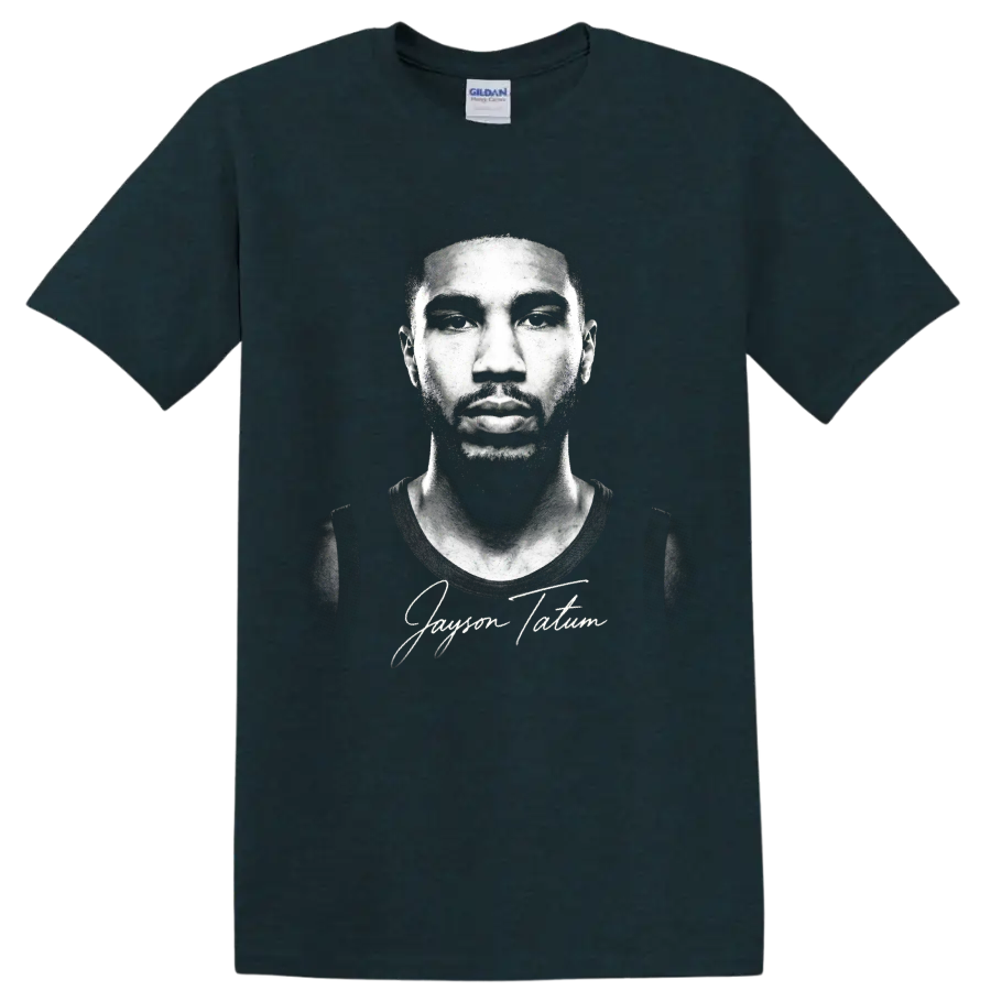 Jayson Tatum monochrome basketball portrait with signature-style text on a Midnight (Green) T Shirt