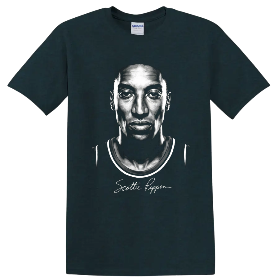 Scottie Pippen grayscale basketball portrait with signature-style script on a Midnight (Green) T Shirt