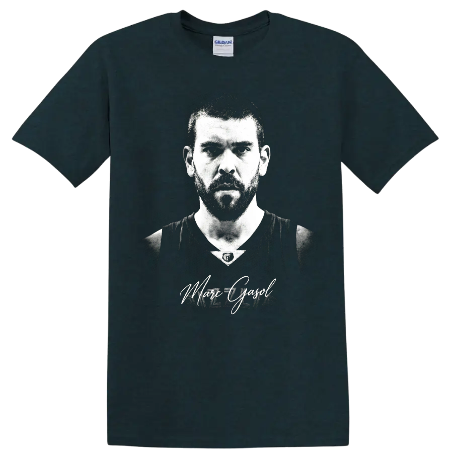 Marc Gasol black-and-white basketball portrait with signature and number 33 on a Midnight (Green) T Shirt