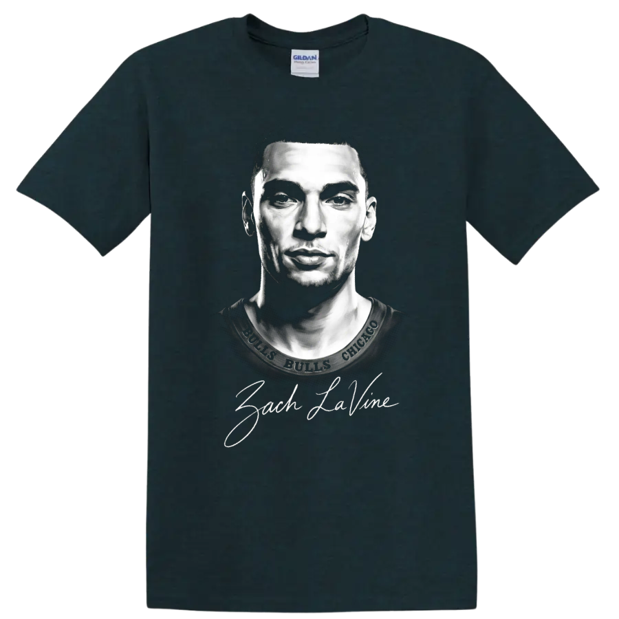 Zach LaVine Chicago Bulls No. 8 monochrome portrait with signature lettering on a Midnight (Green) T Shirt