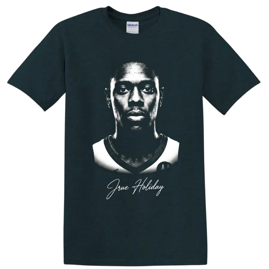 Jrue Holiday black-and-white basketball portrait with signature-style script on a Midnight (Green) T Shirt