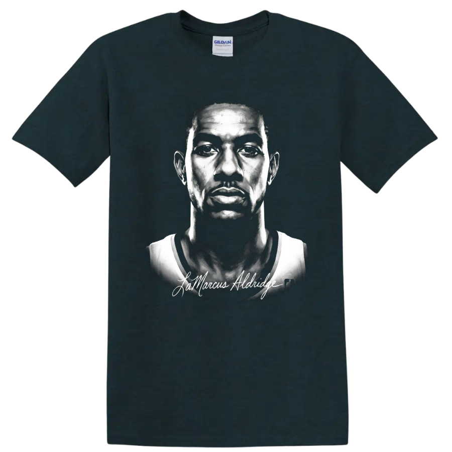 Monochrome LaMarcus Aldridge portrait with cursive signature on a Midnight (Green) T Shirt