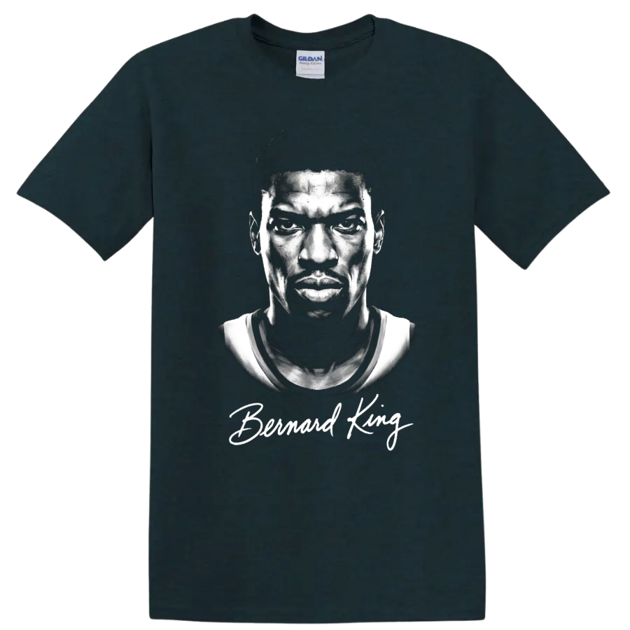 Monochrome Bernard King basketball portrait with signature-style Bernard King text on a Midnight (Green) T Shirt