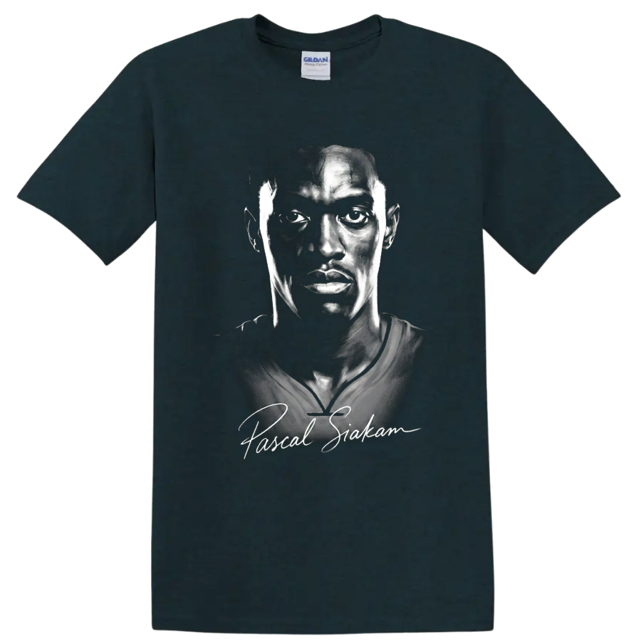Pascal Siakam monochrome basketball portrait with signature-inspired script on a Midnight (Green) T Shirt