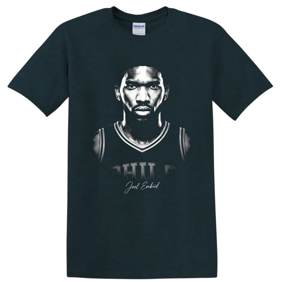 Monochrome Joel Embiid Philadelphia 76ers No. 21 portrait with Philly lettering on a Midnight (Green) T Shirt