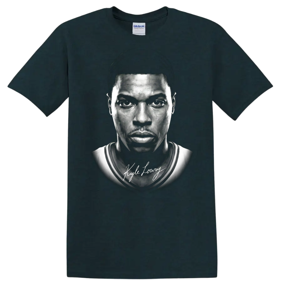 Kyle Lowry Toronto Raptors No. 7 black-and-white basketball portrait with signature on a Midnight (Green) T Shirt