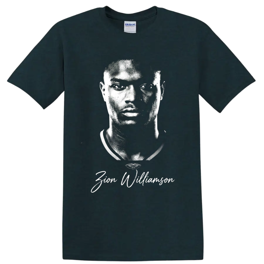 Zion Williamson monochrome basketball portrait with signature-style lettering on a Midnight (Green) T Shirt