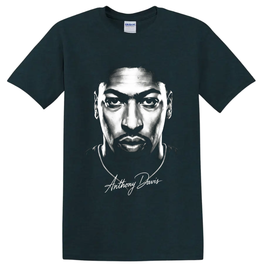 Anthony Davis monochrome basketball portrait with signature-style script on a Midnight (Green) T Shirt