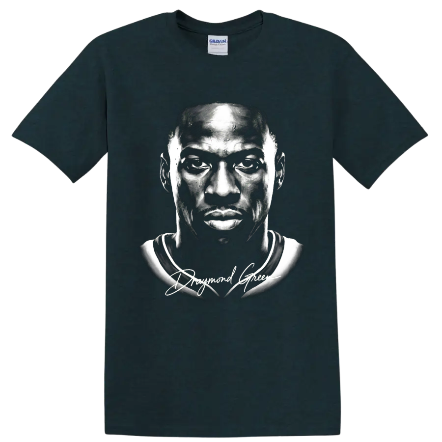 Monochrome Draymond Green basketball portrait with signature-style script on a Midnight (Green) T Shirt