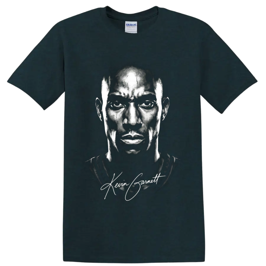 Kevin Garnett black-and-white portrait with signature basketball fan graphic on a Midnight (Green) T Shirt