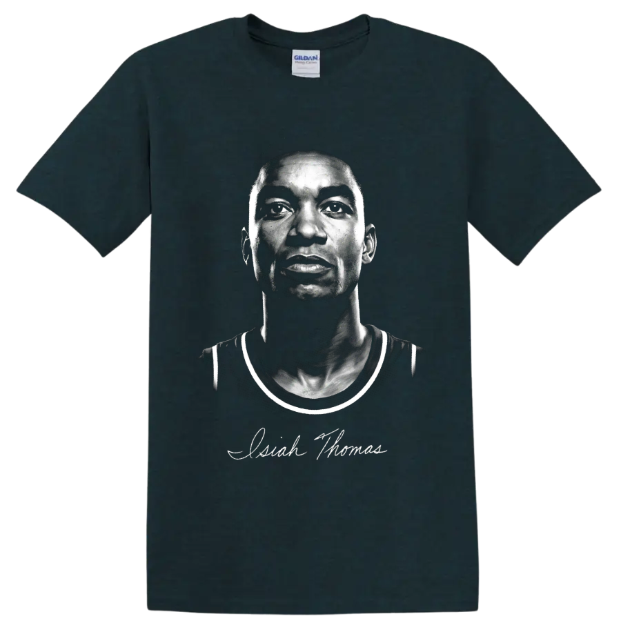 High-contrast Isiah Thomas Detroit Pistons basketball portrait with signature-style script on a Midnight (Green) T Shirt