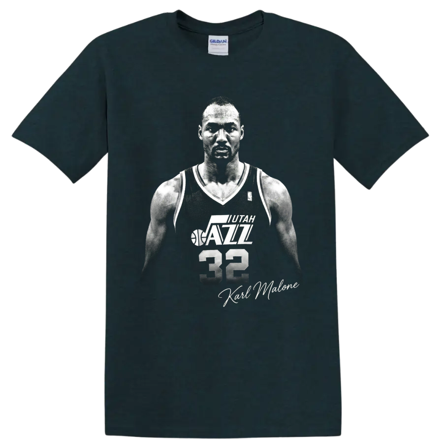 Karl Malone Utah Jazz No. 32 black-and-white basketball portrait with signature on a Midnight (Green) T Shirt
