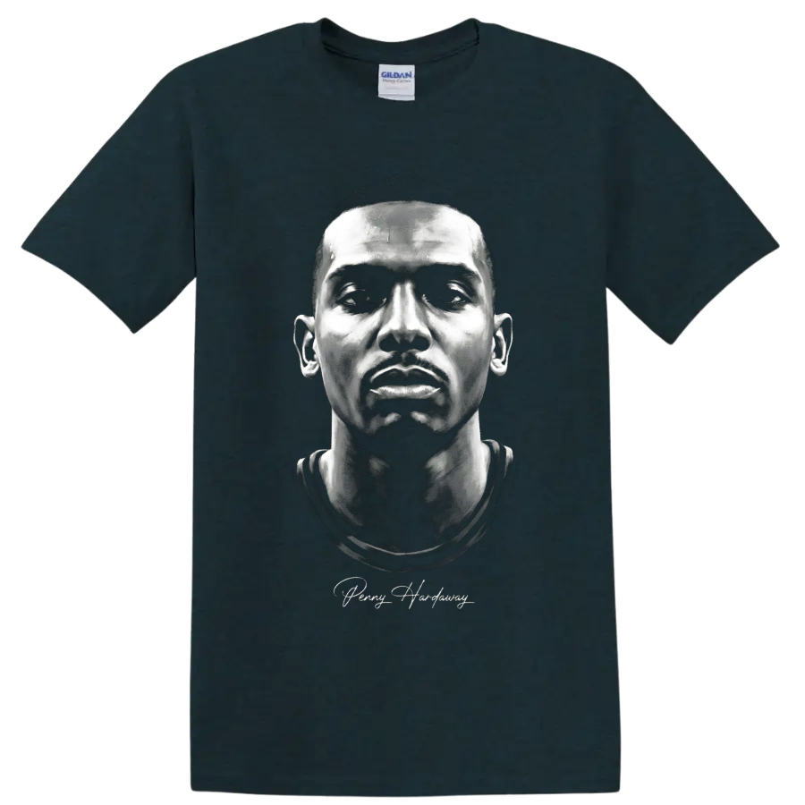 Monochrome Penny Hardaway portrait with cursive signature on a Midnight (Green) T Shirt