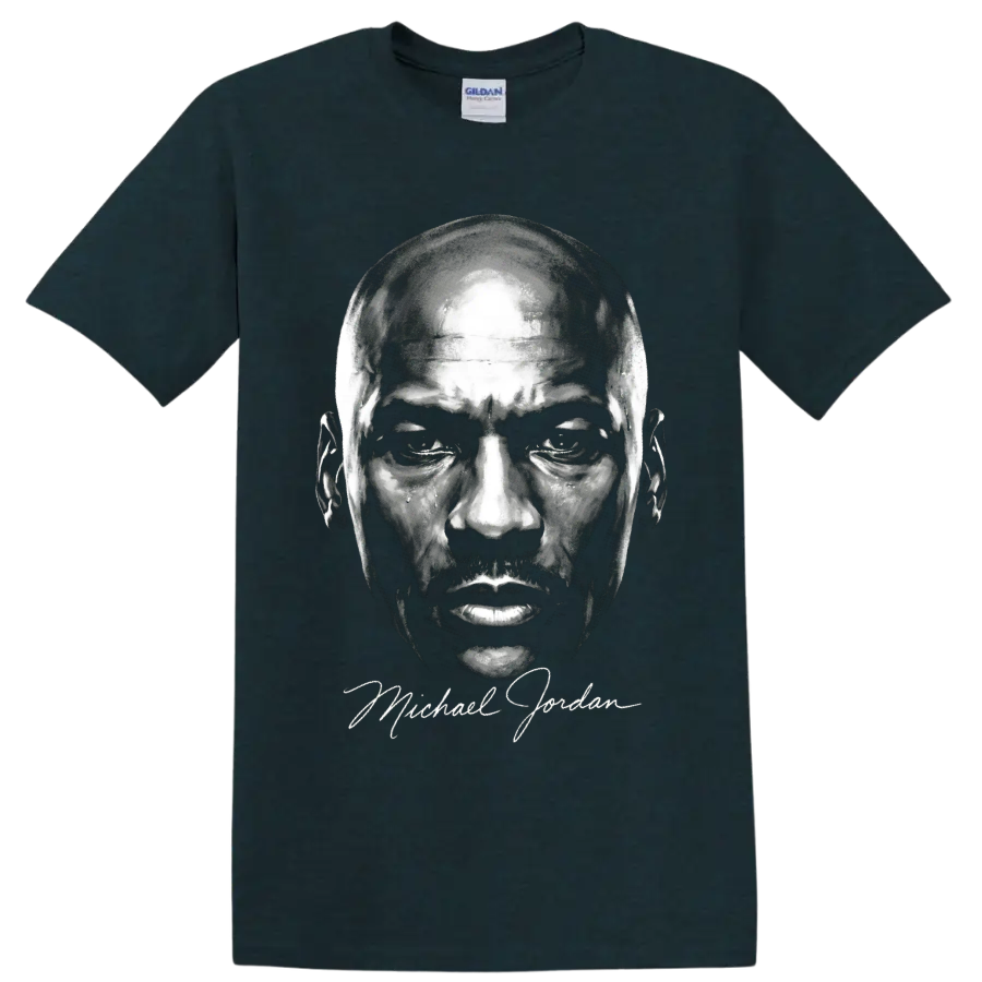 Michael Jordan black-and-white portrait graphic with signature-style script on a Midnight (Green) T Shirt