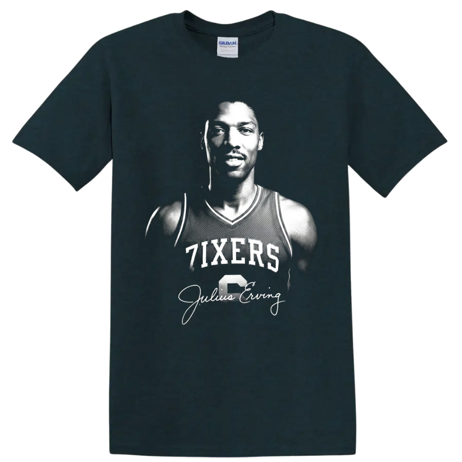 Black-and-white Julius Erving 76ers No. 6 portrait with signature-style script on a Midnight (Green) T Shirt