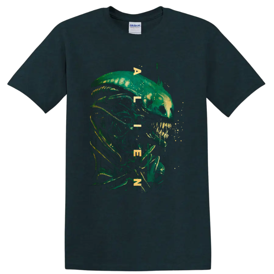 Alien biomechanical creature portrait with distressed sci-fi horror artwork on a Midnight (Green) T Shirt