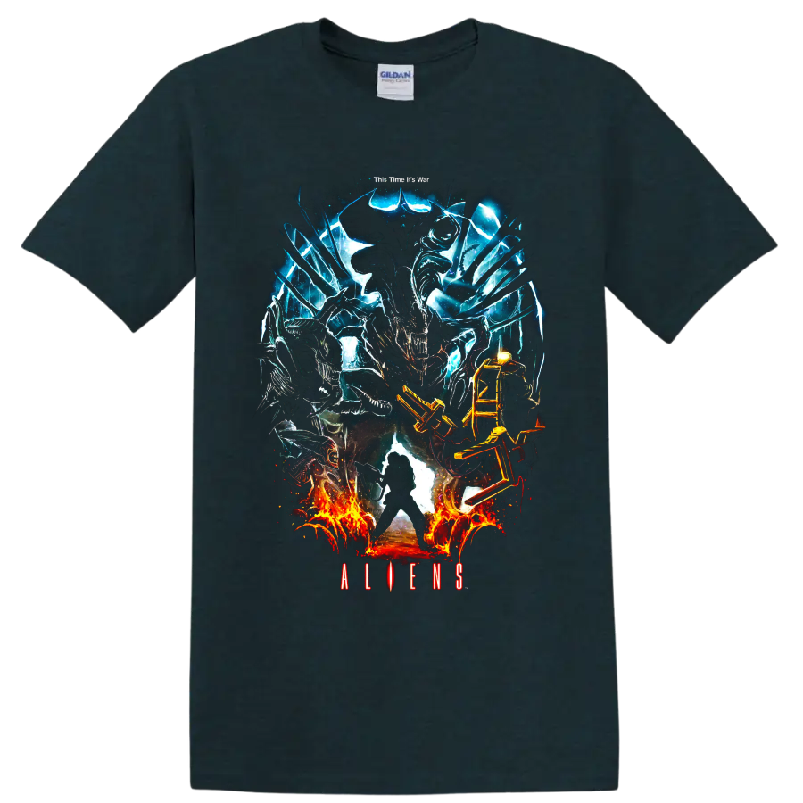 Aliens Xenomorph graphic print with blue energy and fiery battle effects on a Midnight (Green) T Shirt