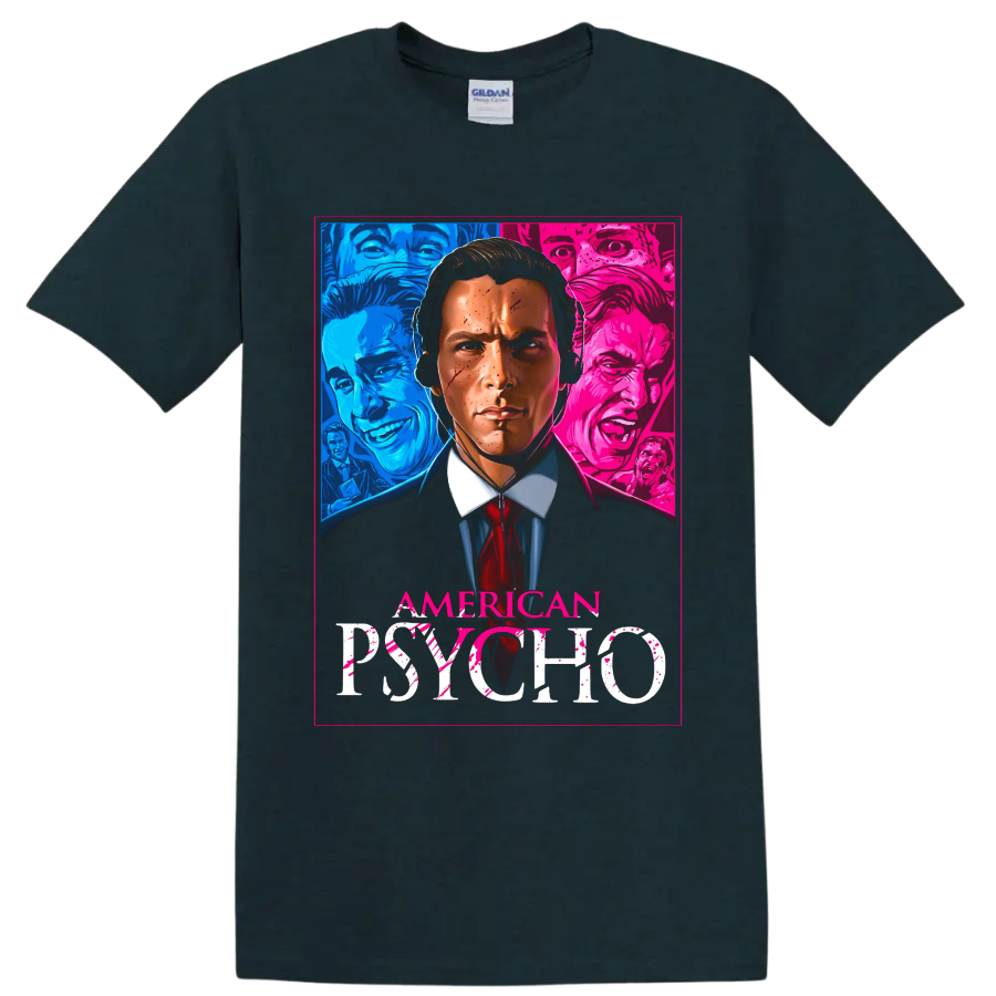 American Psycho neon horror portrait graphic with visible title text on a Midnight (Green) T Shirt