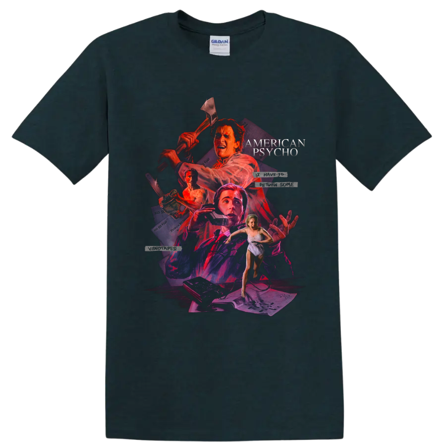 American Psycho axe collage graphic print with movie title text on a Midnight (Green) T Shirt