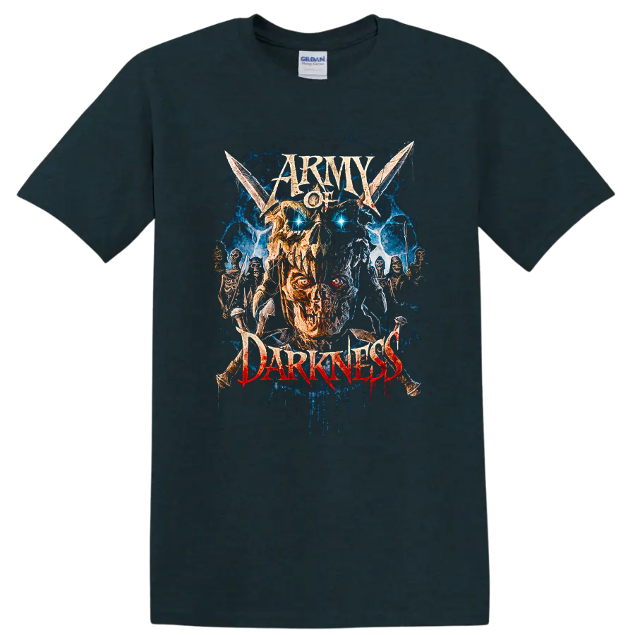 Army of Darkness graphic print with fiery skull and skeleton warriors on a Midnight (Green) T Shirt
