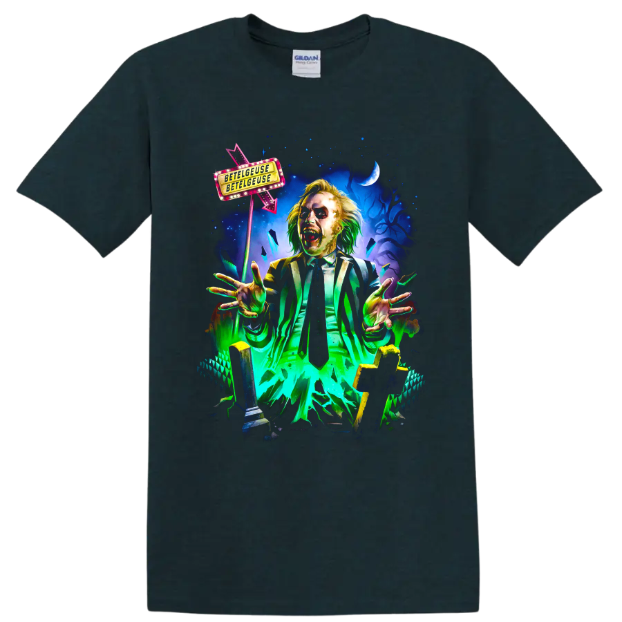 Beetlejuice striped-suit ghost in neon gothic movie artwork on a Midnight (Green) T Shirt