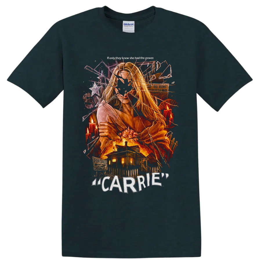 Carrie horror graphic with fiery psychic portrait and haunted house on a Midnight (Green) T Shirt