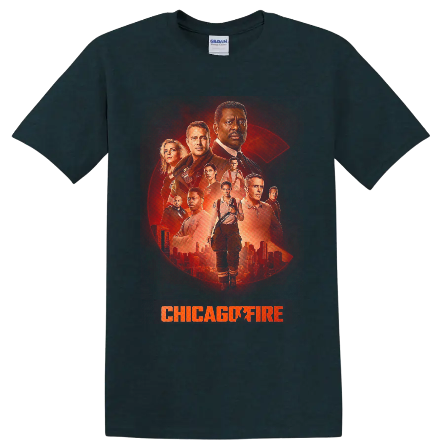 Chicago Fire cast portrait graphic with distressed halftone firefighter design on a Midnight (Green) T Shirt